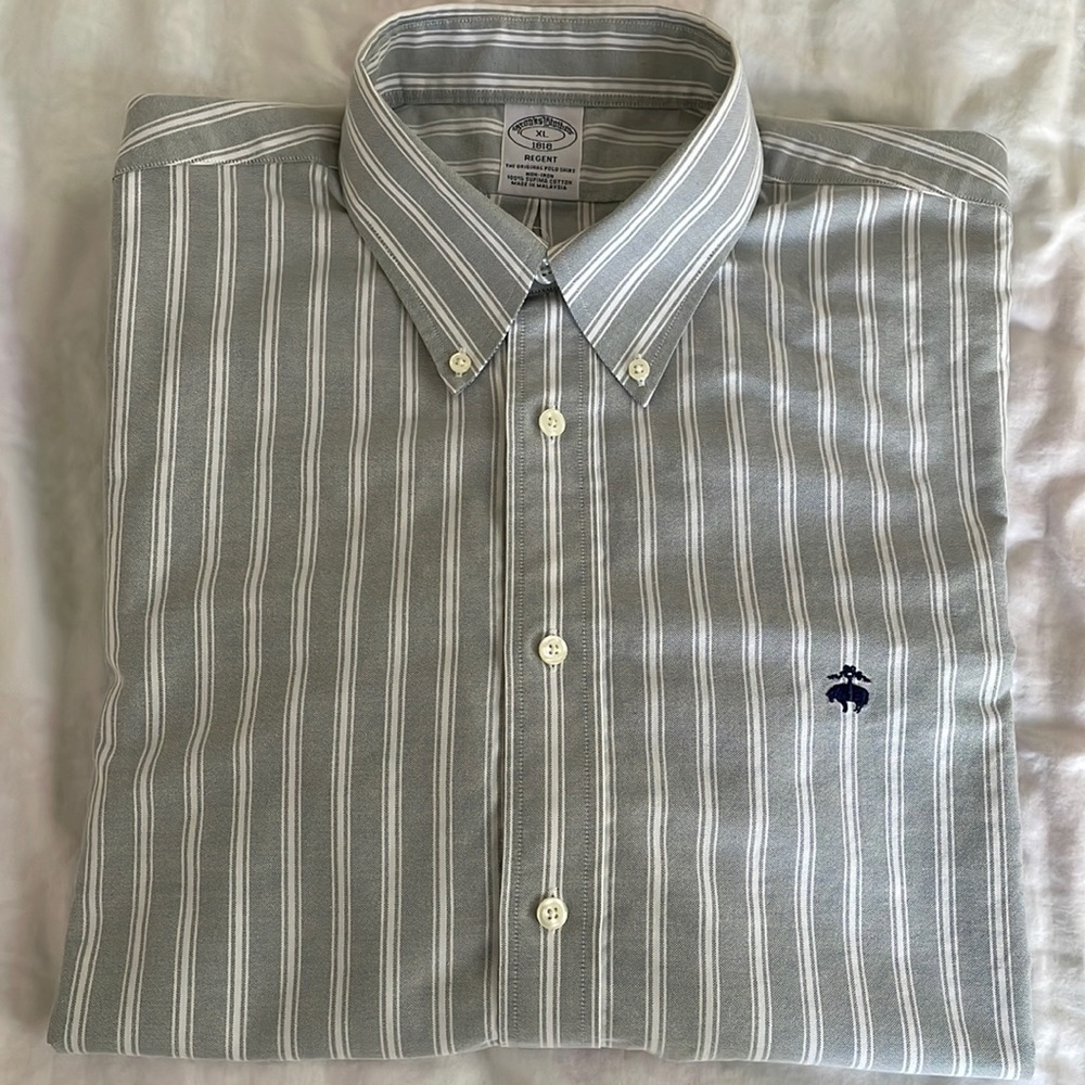 Brooks Brothers Gray & White Stripe Button-Down Shirt Regent Fit XL OCBD Grey